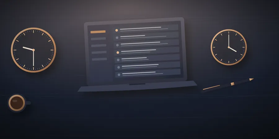 Illustration of a desk with a laptop, two clocks set to different times, a pen and a cup