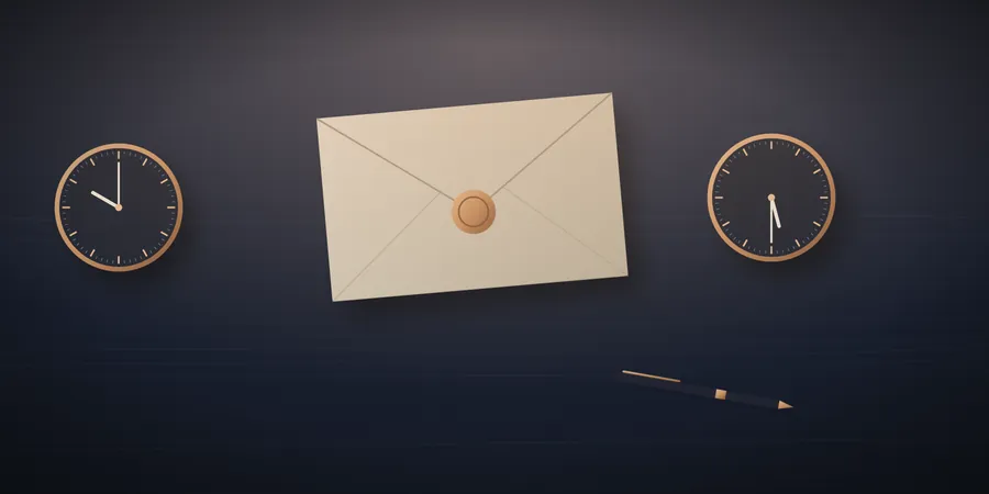 Illustration of a sealed envelope on a desk between two clocks showing different times