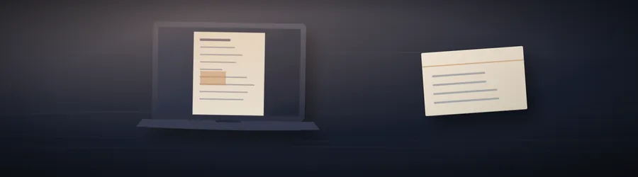 Illustration of a laptop showing a document beside an index card