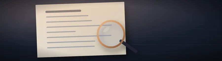 Illustration of a typed page with a magnifying glass resting beside it