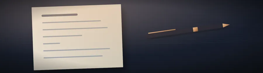 Illustration of a typed page and a pen resting on a dark desk