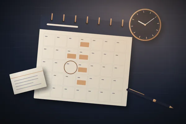 Illustration of a wall calendar with several days marked in copper, a clock, an index card and a pen