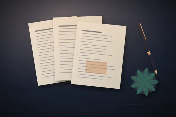 Illustration of three typed pages fanned out on a desk beside a pen and a small plant