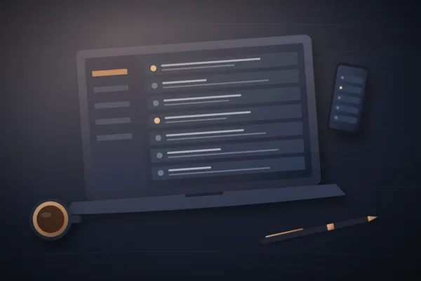Illustration of a laptop showing a sorted inbox, with a phone, a pen and a cup of coffee on a dark desk
