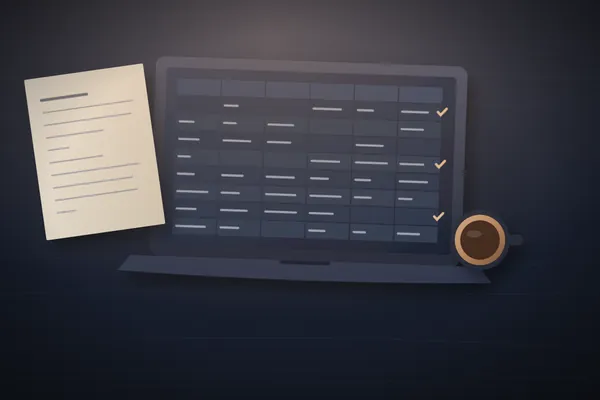 Illustration of a laptop showing a spreadsheet with ticked rows, next to a printed source document and a cup of coffee