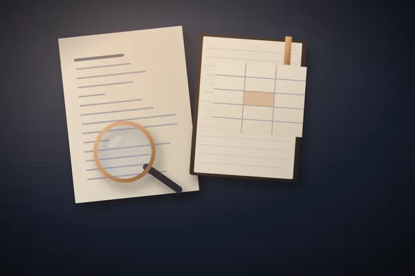 Illustration of printed notes under a magnifying glass beside a notebook with a comparison table