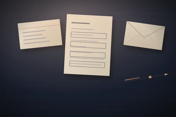 Illustration of an index card, a printed form with empty boxes, an envelope and a pen